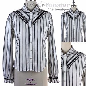 Vintage 1990’s Black & White Striped Ruffle Trim Victorian Steampunk Blouse USA